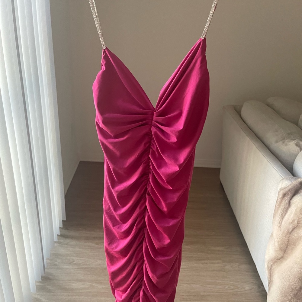 Hot Pink Ruched Long Dress With Rhinestone Straps - Picture 3 of 5
